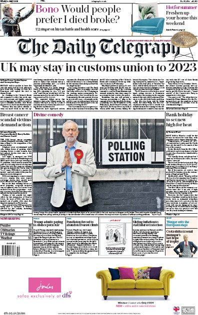 The Daily Telegraph Newspaper Front Page for 4 May 2018