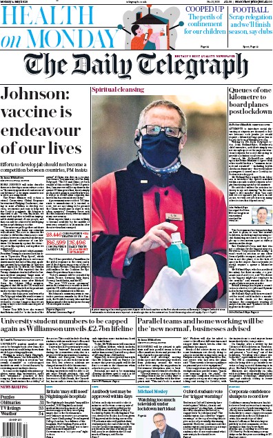 The Daily Telegraph Newspaper Front Page for 4 May 2020