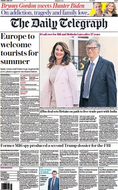 The Daily Telegraph (UK) Newspaper Front Page for 4 May 2021