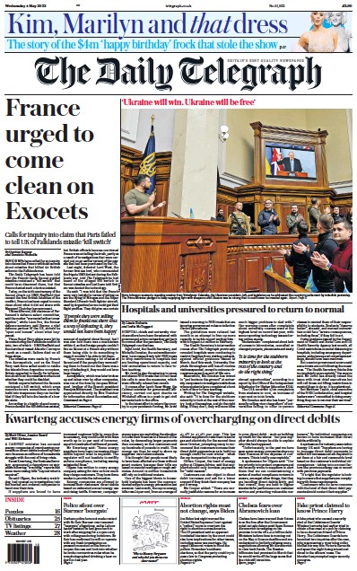 The Daily Telegraph (UK) Newspaper Front Page for 4 May 2022