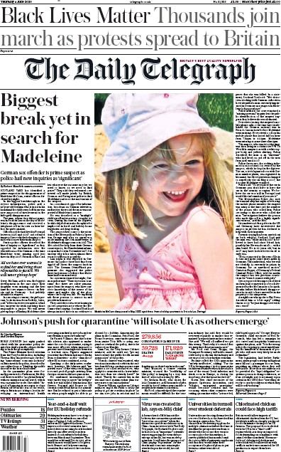The Daily Telegraph Newspaper Front Page for 4 June 2020