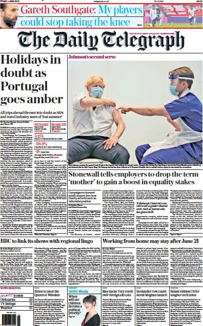 The Daily Telegraph (UK) Newspaper Front Page for 4 June 2021