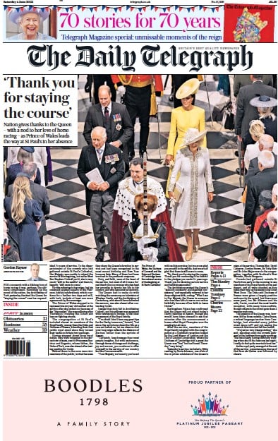 The Daily Telegraph (UK) Newspaper Front Page for 4 June 2022