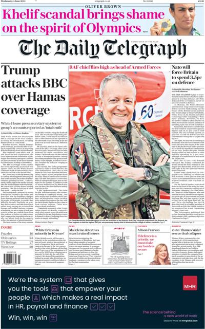 The Daily Telegraph (UK) Newspaper Front Page for 4 June 2025