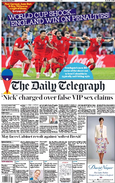 The Daily Telegraph Newspaper Front Page for 4 July 2018
