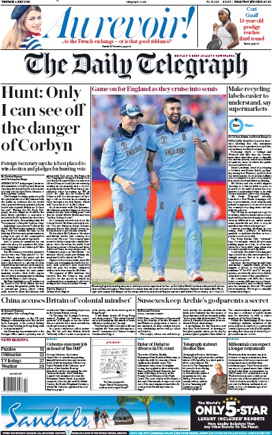 The Daily Telegraph Newspaper Front Page for 4 July 2019