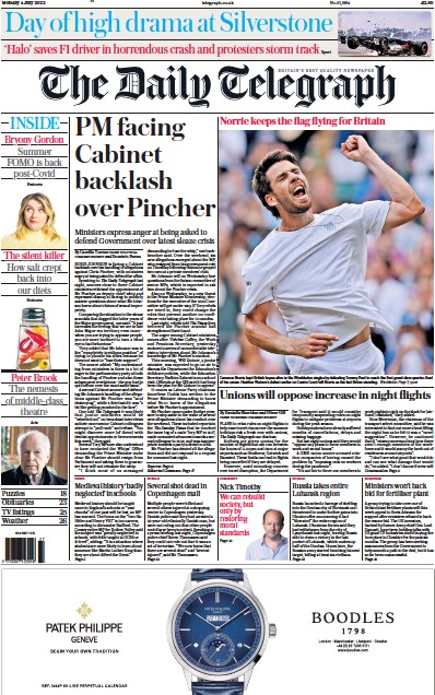 The Daily Telegraph (UK) Newspaper Front Page for 4 July 2022