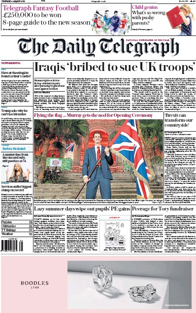 The Daily Telegraph Newspaper Front Page for 4 August 2016