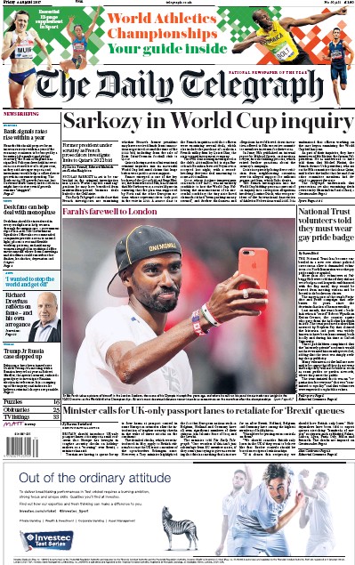 The Daily Telegraph Newspaper Front Page for 4 August 2017