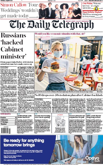 The Daily Telegraph (UK) Newspaper Front Page for 4 August 2020