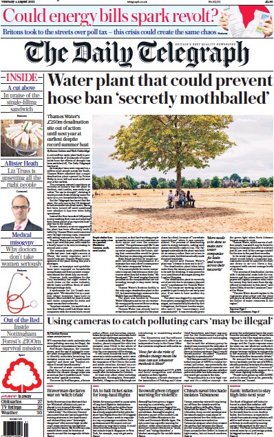 The Daily Telegraph (UK) Newspaper Front Page for 4 August 2022