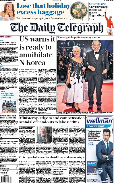 The Daily Telegraph Newspaper Front Page for 4 September 2017