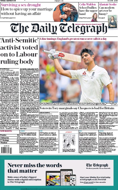 The Daily Telegraph Newspaper Front Page for 4 September 2018