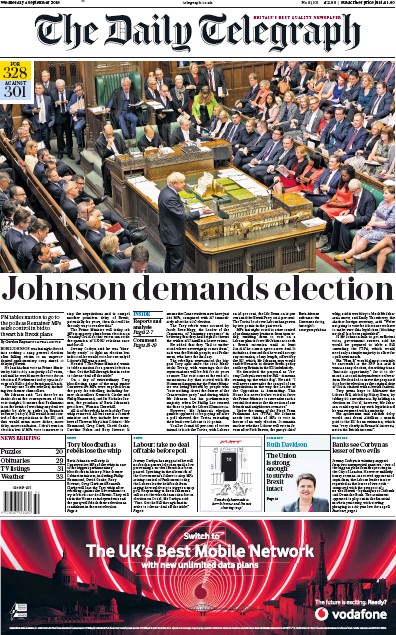 The Daily Telegraph Newspaper Front Page for 4 September 2019