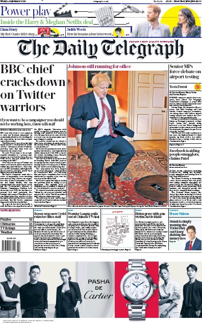 The Daily Telegraph Newspaper Front Page for 4 September 2020
