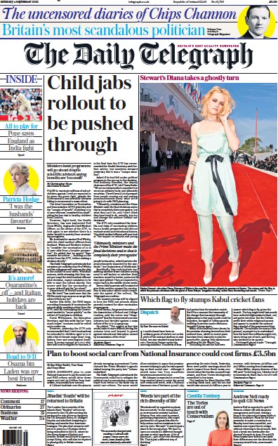 The Daily Telegraph (UK) Newspaper Front Page for 4 September 2021