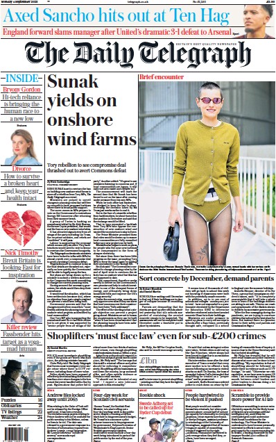 The Daily Telegraph (UK) Newspaper Front Page for 4 September 2023
