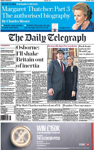 The Daily Telegraph Newspaper Front Page for 5 October 2015