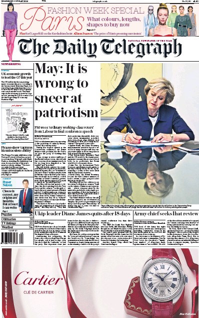 The Daily Telegraph Newspaper Front Page for 5 October 2016
