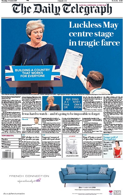The Daily Telegraph Newspaper Front Page for 5 October 2017