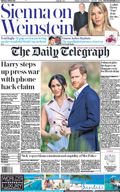 The Daily Telegraph Newspaper Front Page for 5 October 2019