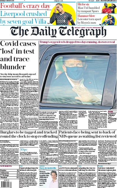 The Daily Telegraph (UK) Newspaper Front Page for 5 October 2020