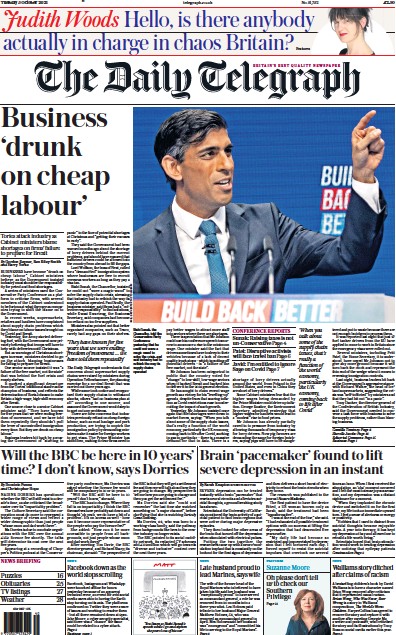 The Daily Telegraph (UK) Newspaper Front Page for 5 October 2021