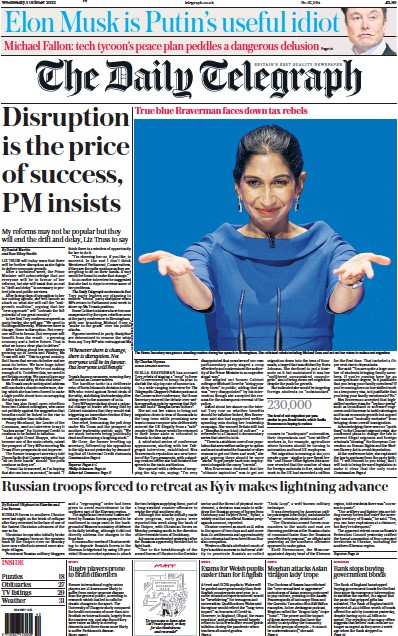 The Daily Telegraph (UK) Newspaper Front Page for 5 October 2022