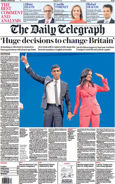 The Daily Telegraph (UK) Newspaper Front Page for 5 October 2023