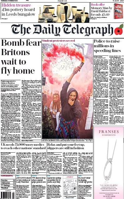 The Daily Telegraph (UK) Newspaper Front Page for 5 November 2015