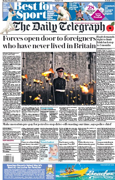 The Daily Telegraph (UK) Newspaper Front Page for 5 November 2018