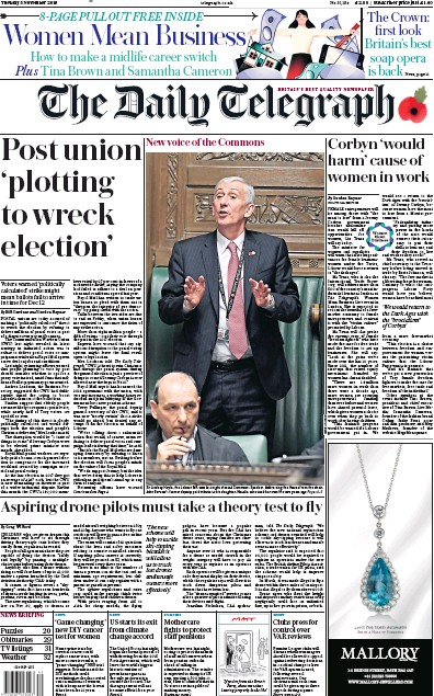 The Daily Telegraph Newspaper Front Page for 5 November 2019