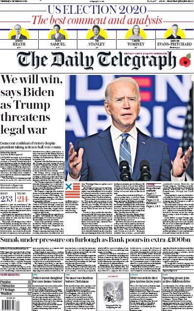 The Daily Telegraph Newspaper Front Page for 5 November 2020
