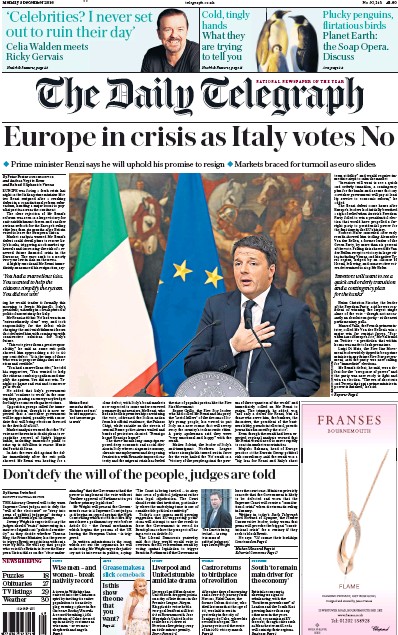 The Daily Telegraph (UK) Newspaper Front Page for 5 December 2016