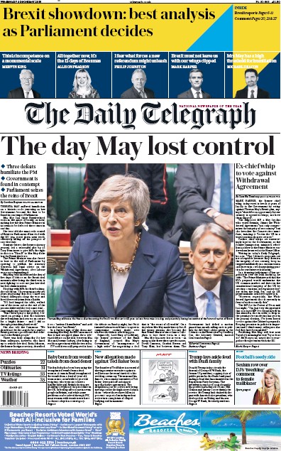 The Daily Telegraph Newspaper Front Page for 5 December 2018