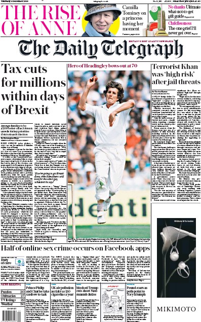 The Daily Telegraph Newspaper Front Page for 5 December 2019