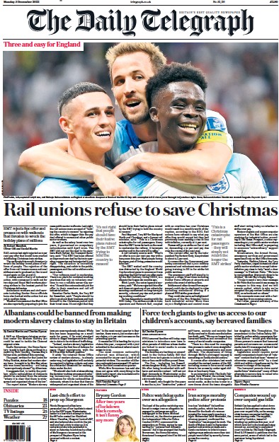 The Daily Telegraph Newspaper Front Page for 5 December 2022