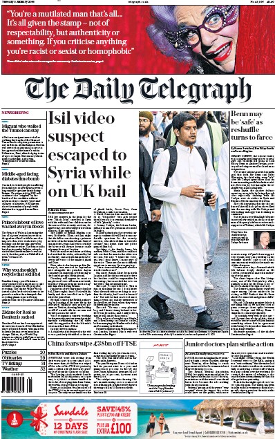 The Daily Telegraph Newspaper Front Page for 5 January 2016