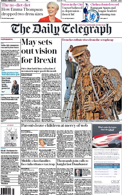 The Daily Telegraph Newspaper Front Page for 5 January 2017