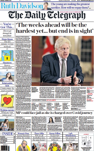 The Daily Telegraph Newspaper Front Page for 5 January 2021