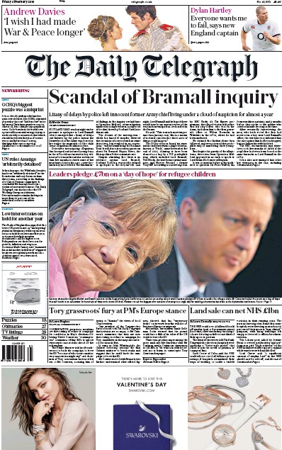 The Daily Telegraph Newspaper Front Page for 5 February 2016