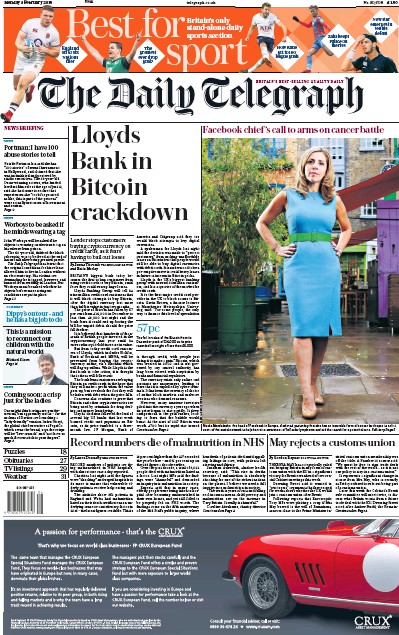 The Daily Telegraph Newspaper Front Page for 5 February 2018