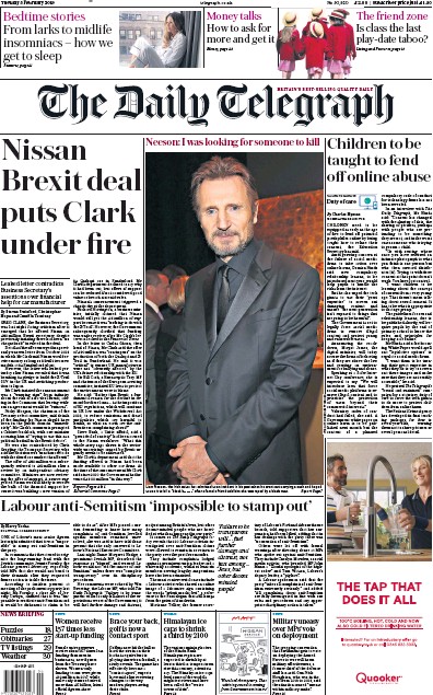 The Daily Telegraph Newspaper Front Page for 5 February 2019