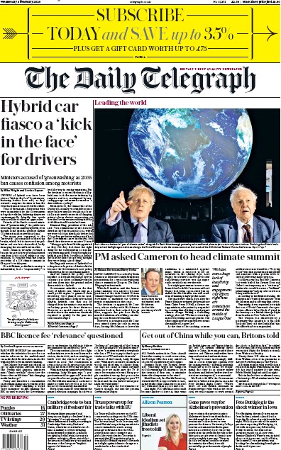 The Daily Telegraph Newspaper Front Page for 5 February 2020