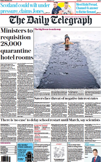 The Daily Telegraph Newspaper Front Page for 5 February 2021