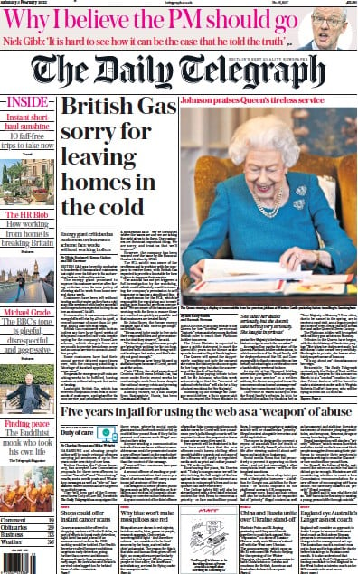 The Daily Telegraph (UK) Newspaper Front Page for 5 February 2022