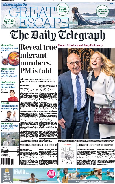 The Daily Telegraph Newspaper Front Page for 5 March 2016