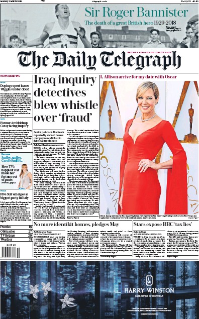 The Daily Telegraph (UK) Newspaper Front Page for 5 March 2018