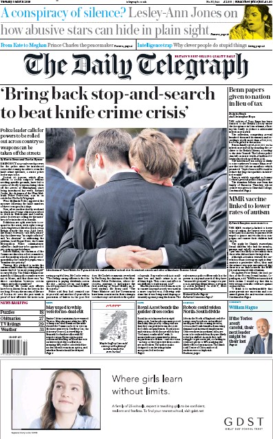 The Daily Telegraph Newspaper Front Page for 5 March 2019