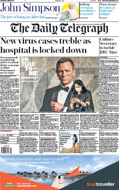 The Daily Telegraph Newspaper Front Page for 5 March 2020
